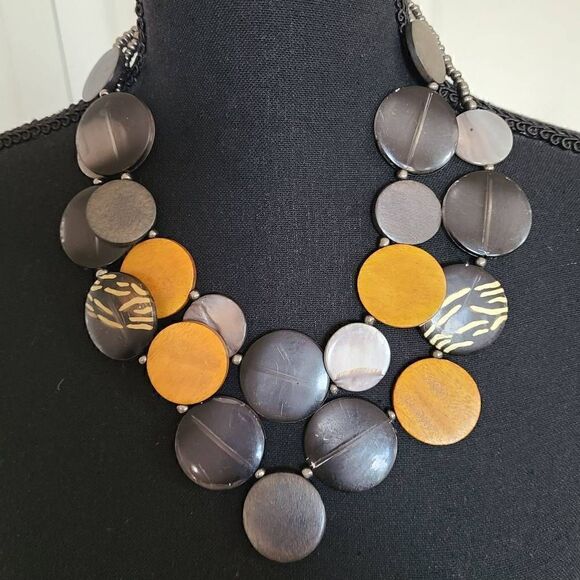 Double Strand Earthtone Disc and Wood Statement Necklace - Picture 2 of 7